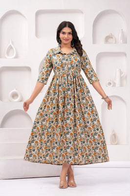 Floral Printed Cotton Maternity Gown with Stand Collar