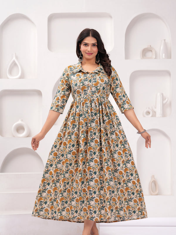 Floral Printed Cotton Maternity Gown with Stand Collar