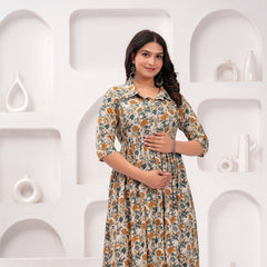 Floral Printed Cotton Maternity Gown with Stand Collar