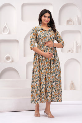 Floral Printed Cotton Maternity Gown with Stand Collar