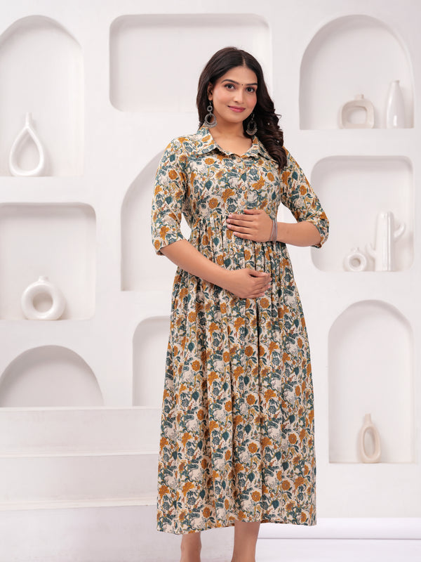 Floral Printed Cotton Maternity Gown with Stand Collar