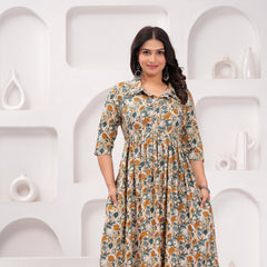 Floral Printed Cotton Maternity Gown with Stand Collar