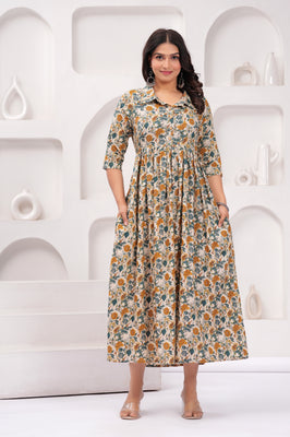Floral Printed Cotton Maternity Gown with Stand Collar