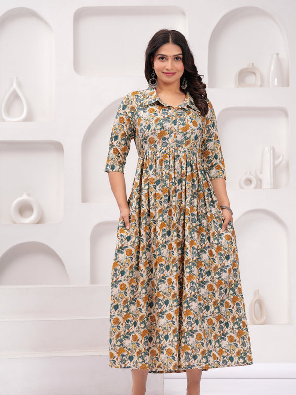Floral Printed Cotton Maternity Gown with Stand Collar