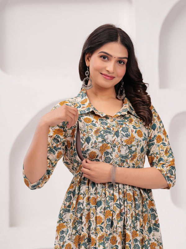 Floral Printed Cotton Maternity Gown with Stand Collar