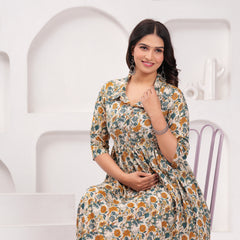 Floral Printed Cotton Maternity Gown with Stand Collar