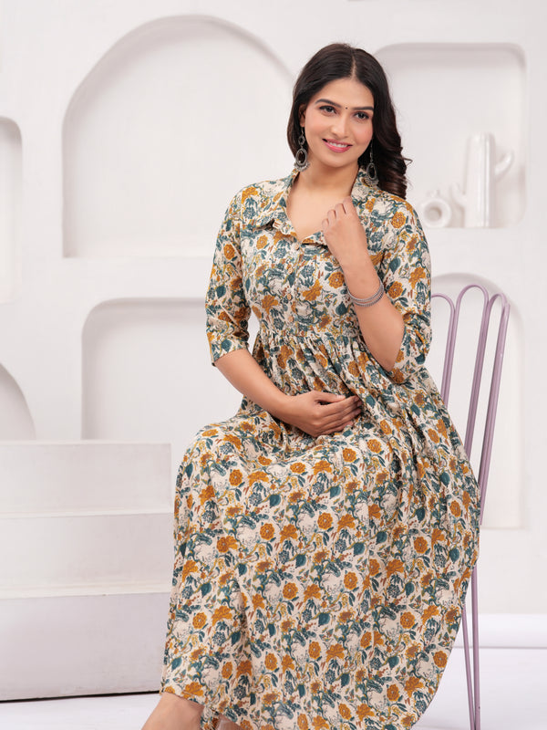 Floral Printed Cotton Maternity Gown with Stand Collar
