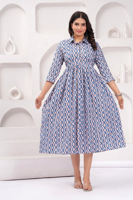 Comfort Fit Printed Cotton Stand Collar Maternity Dress