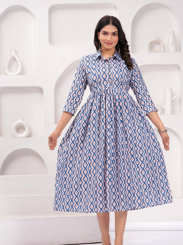 Comfort Fit Printed Cotton Stand Collar Maternity Dress