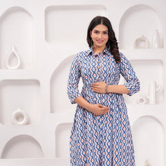 Comfort Fit Printed Cotton Stand Collar Maternity Dress