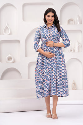 Comfort Fit Printed Cotton Stand Collar Maternity Dress