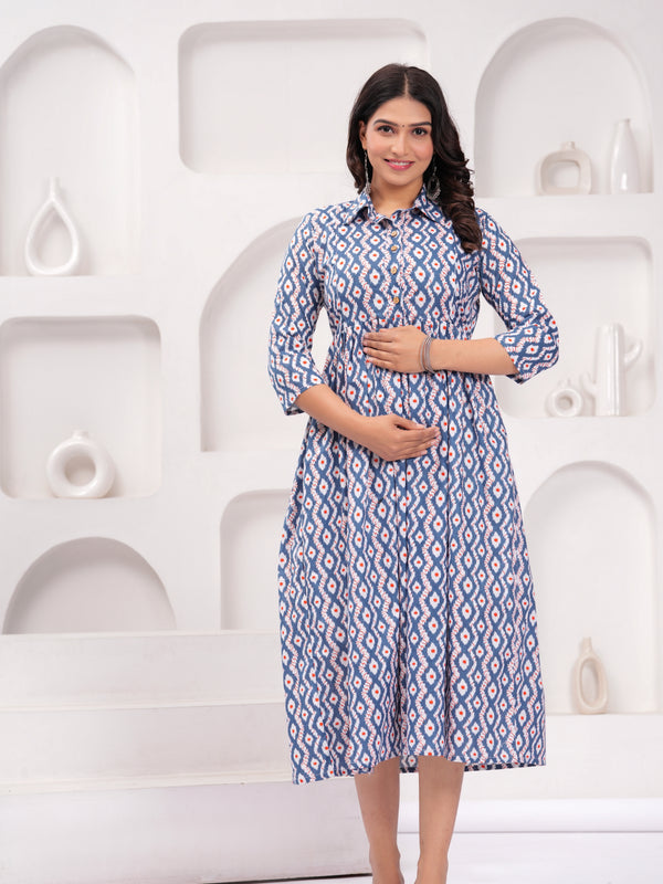 Comfort Fit Printed Cotton Stand Collar Maternity Dress
