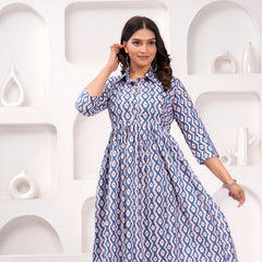 Comfort Fit Printed Cotton Stand Collar Maternity Dress