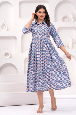 Comfort Fit Printed Cotton Stand Collar Maternity Dress