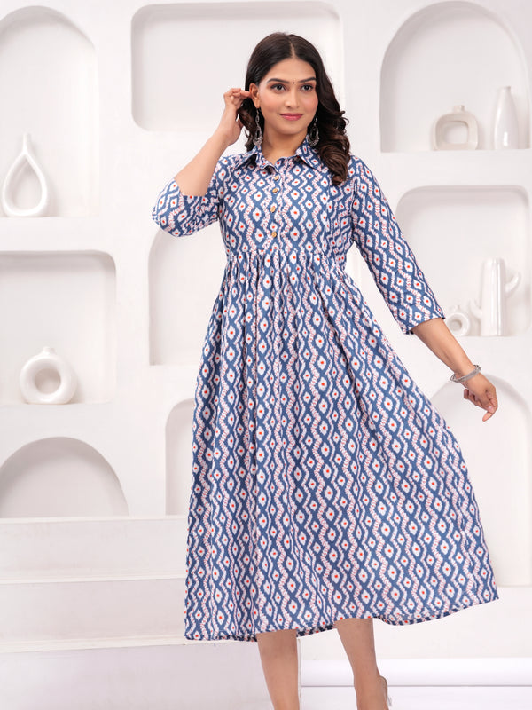 Comfort Fit Printed Cotton Stand Collar Maternity Dress