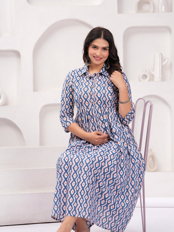 Comfort Fit Printed Cotton Stand Collar Maternity Dress