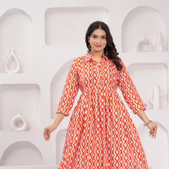 Cheery red Comfort Fit Printed Cotton Stand Collar Maternity Dress