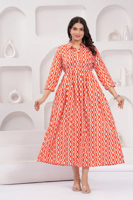 Cheery red Comfort Fit Printed Cotton Stand Collar Maternity Dress