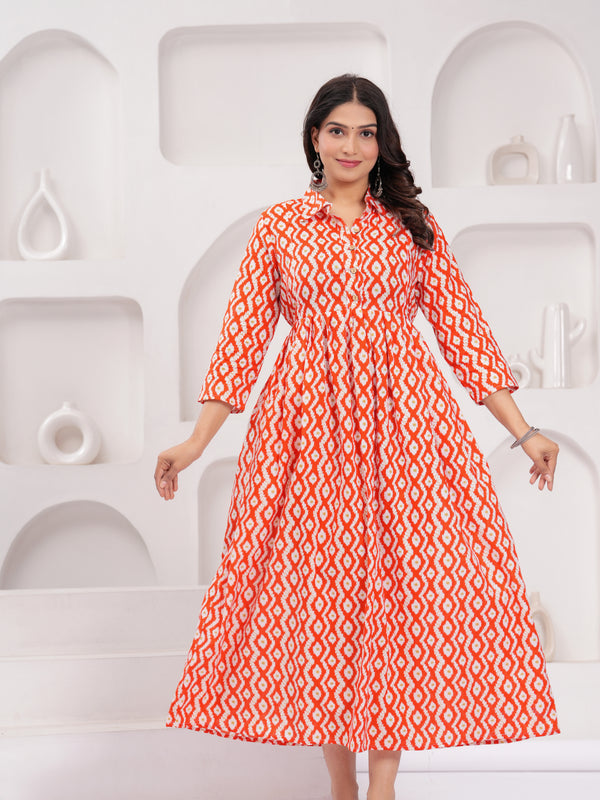 Cheery red Comfort Fit Printed Cotton Stand Collar Maternity Dress