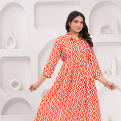 Cheery red Comfort Fit Printed Cotton Stand Collar Maternity Dress