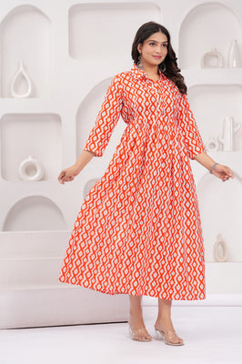 Cheery red Comfort Fit Printed Cotton Stand Collar Maternity Dress