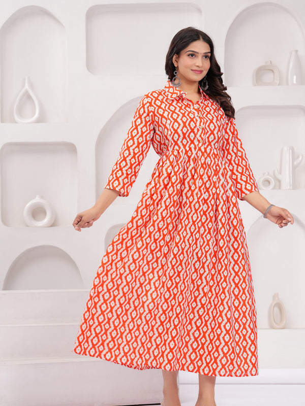 Cheery red Comfort Fit Printed Cotton Stand Collar Maternity Dress