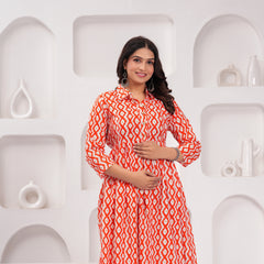 Cheery red Comfort Fit Printed Cotton Stand Collar Maternity Dress