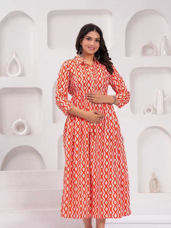 Cheery red Comfort Fit Printed Cotton Stand Collar Maternity Dress