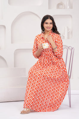 Cheery red Comfort Fit Printed Cotton Stand Collar Maternity Dress