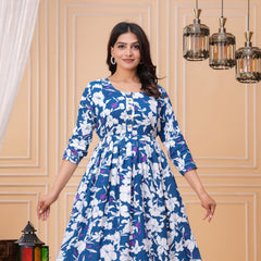Cotton Long Maternity Gown with Floral Print