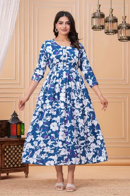 Cotton Long Maternity Gown with Floral Print