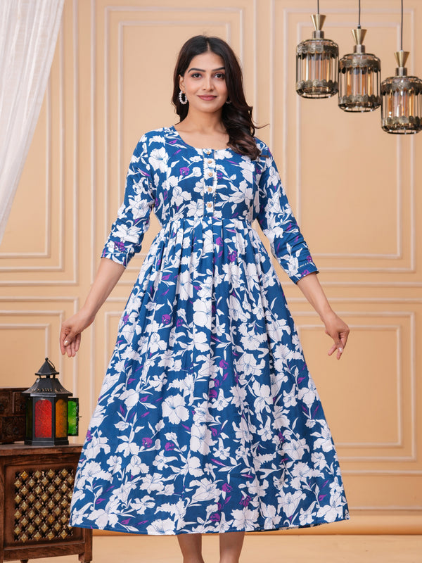 Cotton Long Maternity Gown with Floral Print