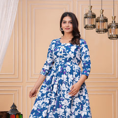 Cotton Long Maternity Gown with Floral Print
