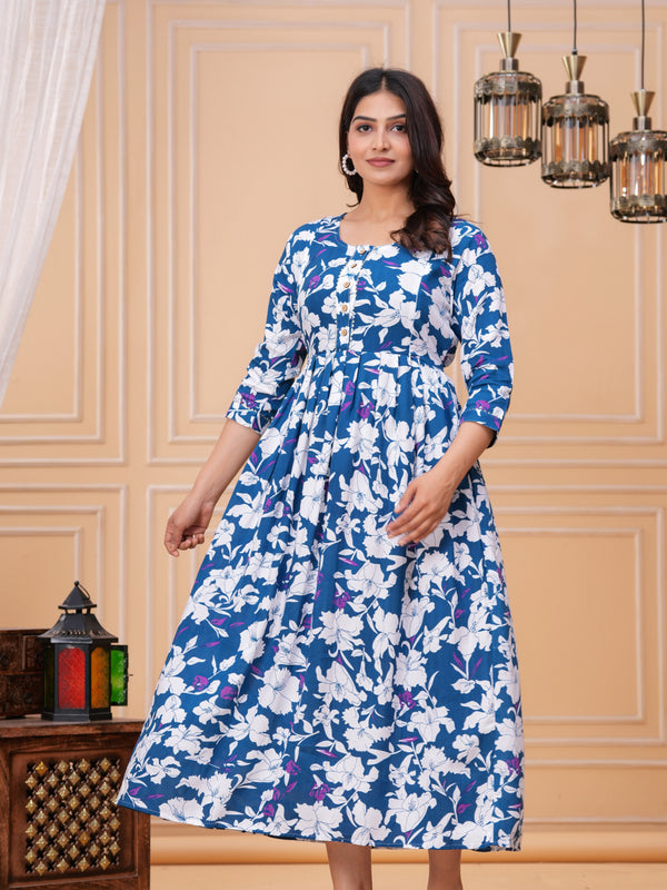 Cotton Long Maternity Gown with Floral Print