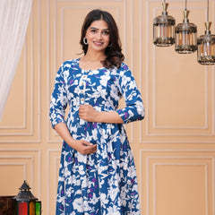 Cotton Long Maternity Gown with Floral Print