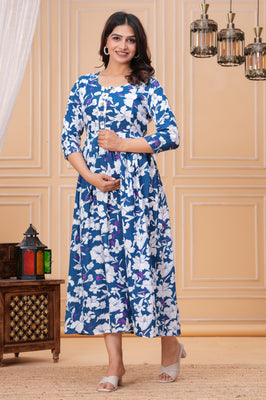 Cotton Long Maternity Gown with Floral Print