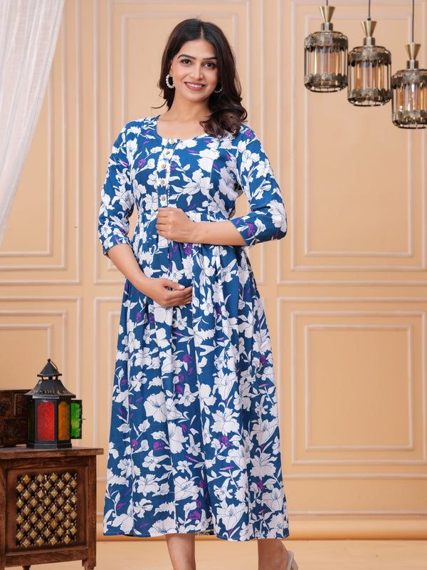 Cotton Long Maternity Gown with Floral Print