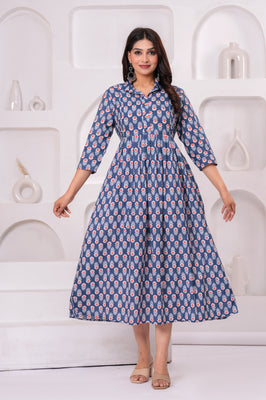 Breathable Cotton Floral Stand Collar Maternity Maxi