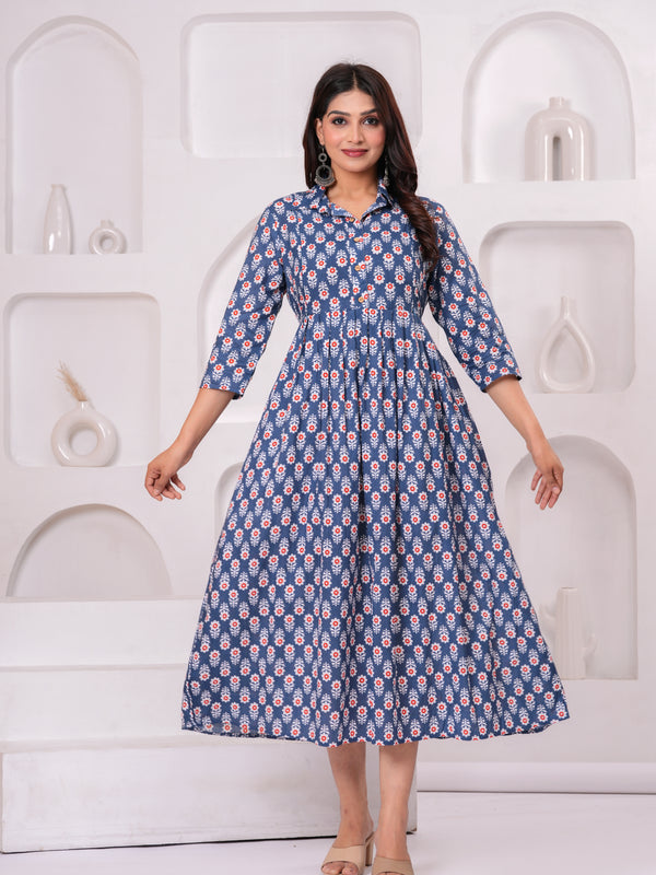 Breathable Cotton Floral Stand Collar Maternity Maxi