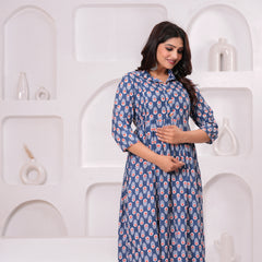 Breathable Cotton Floral Stand Collar Maternity Maxi