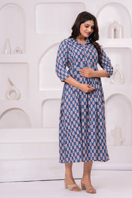 Breathable Cotton Floral Stand Collar Maternity Maxi