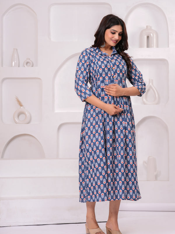 Breathable Cotton Floral Stand Collar Maternity Maxi