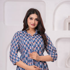 Breathable Cotton Floral Stand Collar Maternity Maxi