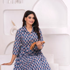 Breathable Cotton Floral Stand Collar Maternity Maxi