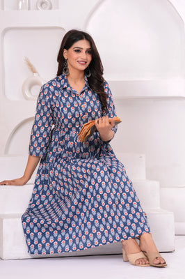 Breathable Cotton Floral Stand Collar Maternity Maxi