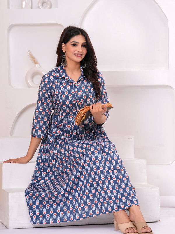 Breathable Cotton Floral Stand Collar Maternity Maxi