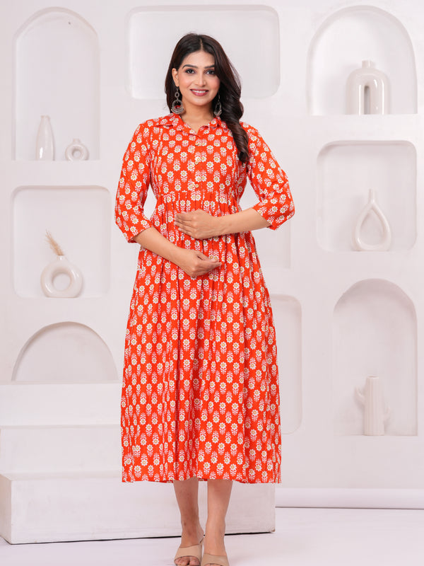 Premium Cotton Floral Maternity Dress with Stand Collar