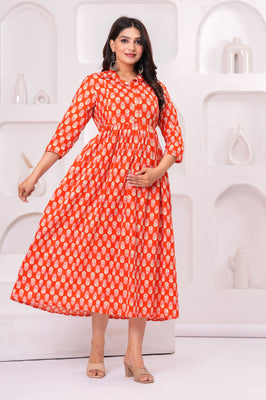 Premium Cotton Floral Maternity Dress with Stand Collar