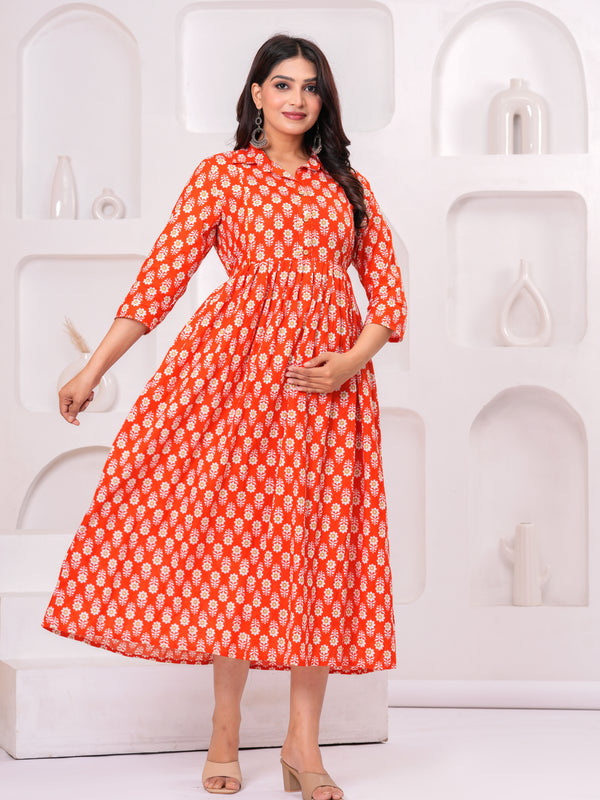 Premium Cotton Floral Maternity Dress with Stand Collar