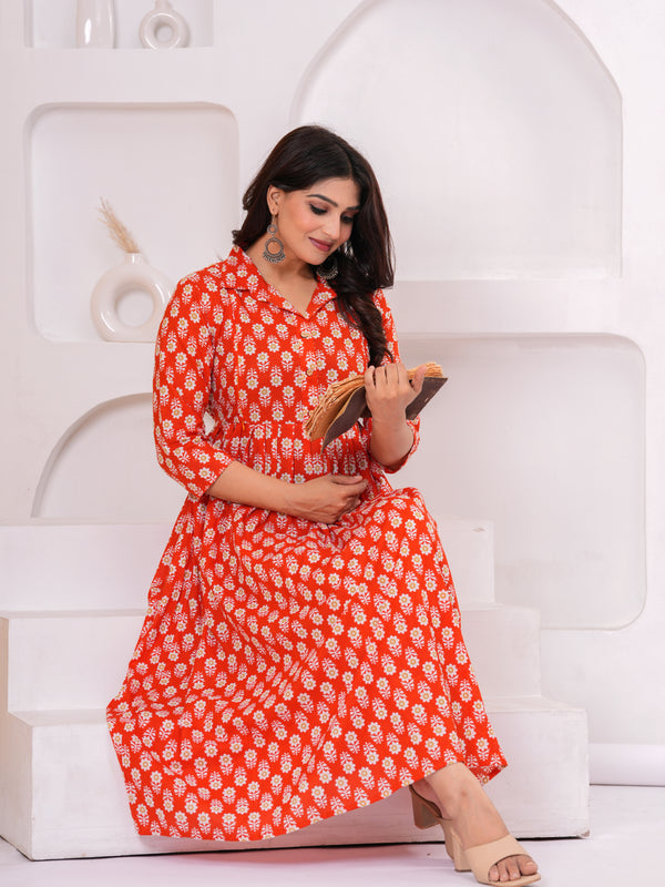 Premium Cotton Floral Maternity Dress with Stand Collar
